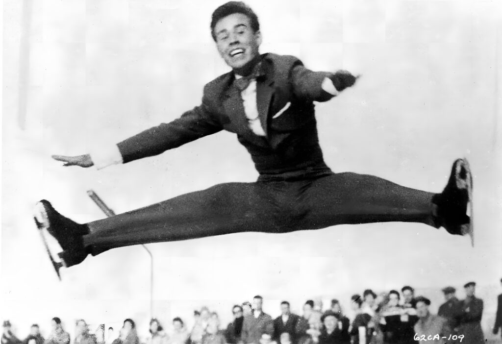 Per Larsen black and white photo of him jumping on the ice